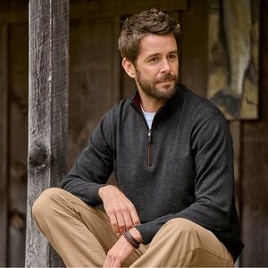 Orvis 100% Wool Quarter Zip Sweater Mens XL Gray Mock Neck